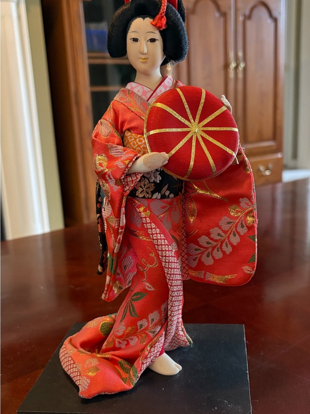 Red Japanese Geisha Doll in Traditional Kimono - Decorative Home Accent